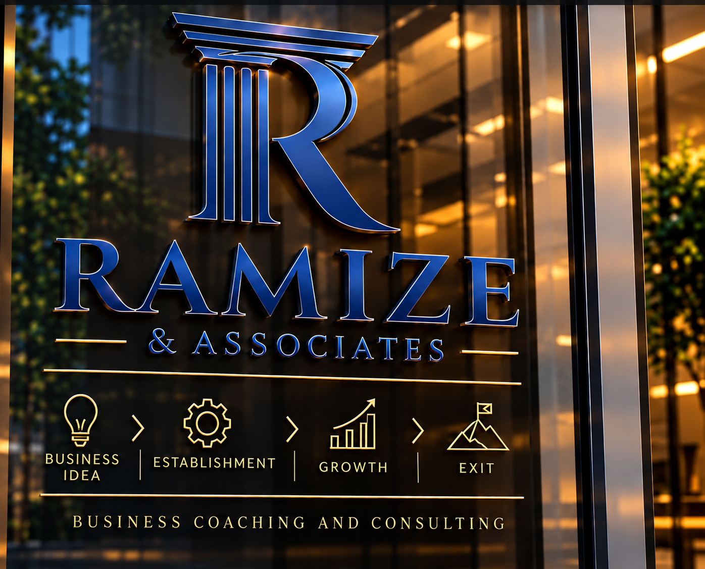 Ramize & Associates branded executive office signage illustrating the business journey from idea through exit